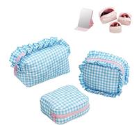 Ruffle Pouch Bag, Cute Travel Gingham Ruffle Pouches Toiletry Bags, Multifunction Organizer Checkered Toiletry Bags with Zipper for Women Girls, Bridesmaid Gifts (Blue,Large)