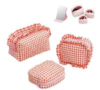 Ruffle Pouch Bag, Cute Travel Gingham Ruffle Pouches Toiletry Bags, Multifunction Organizer Checkered Toiletry Bags with Zipper for Women Girls, Bridesmaid Gifts (Red,Large)