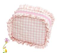 Ruffle Pouch Bag, Plaid Quilted Makeup Bag Set for Travel, Large Travel Cute Checkered Cosmetic Bags for Women Girls, for Travel (Pink,11 * 5 * 13cm)