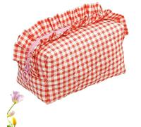 Ruffle Pouch Bag, Plaid Quilted Makeup Bag Set for Travel, Large Travel Cute Checkered Cosmetic Bags for Women Girls, for Travel (Red,10 * 10 * 18cm)