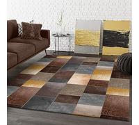 Rug-QJDDUP Tappeto Moderno Pelo corto,Brown 150 x 220 cm, Tappeti Salotto, Camera da Letto, Sala da pranzo,Salone,Design patchwork marrone giallo grigio