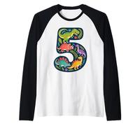 Ruggendo in 5 Compleanno di Dinosauro di Cinque Anni 5 ° Quinto Maglia con Maniche Raglan