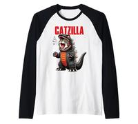 Ruggente Catzilla Monster Costume Divertente Gatto Kaiju Grafica Maglia con Maniche Raglan
