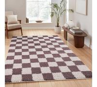 Rugs by Desire Chester Tappeto shaggy per soggiorno, moderno, design contemporaneo a scacchi, 30 mm, con retro in iuta e morbido tessuto, per corridoio, interni, lilla, 120 x 170 cm