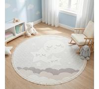 RUGURA Tappeto per bambini per la cameretta di ragazzi e ragazze con nuvole, stelle, arcobaleni e animali, rotondo 160cm luna e stelle