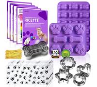 RUGVOMWM Set di 123 stampi in silicone per biscotti fatti in casa per cani, tra cui 2 stampi per dolcetti per cani, 5+12 formine per biscotti e 4 ricette per cani, 50 sacchetti per cani e 50 cravatte
