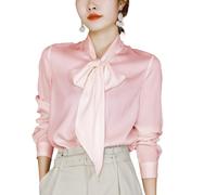RUHANE Camicetta di Seta per Le Donne Camicia di Pura Seta Manica Lunga Bow-Tie Collo Button Up Camicia Formale Signore Elegante Ufficio Top di Seta di Lusso,Cherry Pink,M