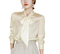 RUHANE Camicetta di Seta per Le Donne Camicia di Pura Seta Manica Lunga Bow-Tie Collo Button Up Camicia Formale Signore Elegante Ufficio Top di Seta di Lusso,Champagne Gold,M