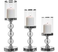 Ruhhy Set di 3 portacandele - vetro e metallo con inserti a specchio e accenti di cristallo - diverse altezze - lanterne decorative per tavolo, comò e camino, argento - Glamour 22314
