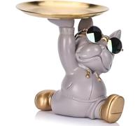 RuiDay Statua Del Bulldog Francese con Vassoio in Acciaio Inossidabile, Decorazioni Casa, Svuotatasche, Svuota Tasche da Ingresso Design, Porta Caramelle, Chiave Portaoggetti (Grigio)