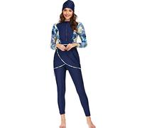 RUIG 3pcs Donne Musulmani Costumi Da Bagno Modesto Patchwork Hijab Maniche Lunghe Sport Costume Da Bagno Islamico Burkinis Usura Costume Da Bagno, Fiore azzurro., L