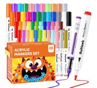 RuiHawk Pennarelli Acrilici 48 Colori, Pennello & Punta Tonda Acrylic Marker - A Base d’Acqua, Atossico, Asciugatura Rapida, Senza Sbavature per Sassi, Legno, Vetro, Tela - per Adulti, Artisti & Hobby