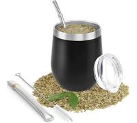 Ruikcoll Tazza da tè Mate, a doppia parete, resistente al calore, in acciaio inox, con coperchio senza BPA, due cannucce e spazzola per la pulizia, per caffè, mate e tè alla frutta (nero)