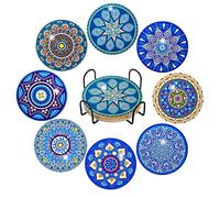 Ruikdly 8 Pezzi Sottobicchieri Assorbenti con Supporto, Sottobicchieri per Bevande Riutilizzabili, Sottobicchiere Mandala blu Fai Da Te con Diamanti e Strumenti di Montaggio per Tazze, Vasi