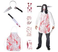 Ruikdly Costume di Halloween da uomo e da donna raccapricciante, costume da macellaio Halloween da uomo, costume horror per adulti con coltello sanguinante, grembiule sanguinoso, 4 tatuaggi temporanei