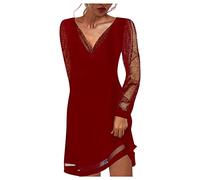 RUIRUILICO Abito da sera da donna, chic, con scollo a V, abito corto a maniche lunghe, elegante, casual, con balze e scollo a V, A_Rosso, XXL