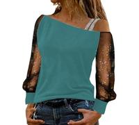 RUIRUILICO Maglietta a maniche lunghe da donna, con lustrini, chic, a spalle scoperte, lucenti, da sera, per feste, tunica e casual, elegante, leggera, sexy, C_azzurro cielo, M