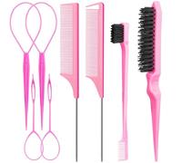 RUIRUIMING - Set di 8 capelli con 4 strumenti per coda di capelli, 2 spazzole a coda di topo, 1 pettine con setole lisce sul retro, 1 controllo dei bordi, sopracciglia rosa da donna