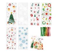 Ruispeed 120 Sacchetti Natalizi con 6 Disegni - Sacchetto Trasparente in cellophane con 150 Nastri, per Biscotti, Dolci, Regali, Sacchetti per Festa, 12,5 x 27,5 cm
