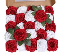 Ruiuzioong Fiori Artificiali Rosa 25pcs Reale Cercando Rose Finte con Gambo per Matrimonio Fai da Te Mazzi Centrotavola Disposizione Partito Casa Arredamento (25 Pezzi, rosso bianco)