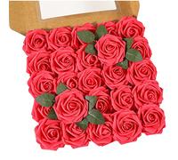 Ruiuzioong Fiori Rosa Artificiali 25 Pezzi Rose Finte Schiuma Aspetto Reale con Foglia e Gambo Regolabile per DIY Matrimoni Mazzi Nuziale Festa Casa Stanza Decorazioni (rosso, 25 Pezzi)