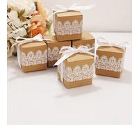 RUIYWEN 50 Scatoline Portaconfetti di Carta Kraft Modello Pizzo Bianco Scatola Regalo di Nozze Scatola Caramella Bomboniera Segnaposto per Matrimonio Compleanno Festa (con 50 Nastri)