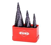 RUKO Stufenbohrer a Gradini HSS-TiAlN Set 3 Pezzi - Punte a Gradini Spiralate con Affilatura a Croce - Rivestimento Titanio-Alluminio-Nitruro per Metallo e Acciaio Inox