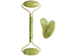 Rullo di massaggio for il viso al quarzo rosa Piastra for raschietto di giada naturale Doppia testa Massaggiatore for il viso dimagrante Rullo Rimozione antirughe for il viso, set rosa decorazione del