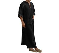 RUMAOZIA Abbigliamento Arabo Uomo Caftano Cotone Scollo A V Caftano Manica Corta Robe Moda Tunica Camicia Da Notte Vestito Da Preghiera Uomini Thobe Arabia Saudita Abbigliamento Etnico Ramadan, O nero