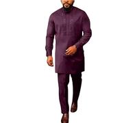 RUMAOZIA Abito da uomo africano a maniche lunghe Dashiki Tradizionale Etnico Tuta 2 Pezzi Set Cotone Musulmano Retro Etnico Ramadan Caftano Pantaloni con Coulisse e Camicia Lunga Medievale, Lilla, XL