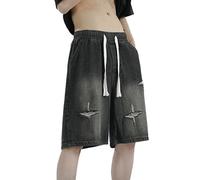 RUMAOZIA Baggy Jeans da uomo corti vintage bermuda jeans a gamba dritta, pantaloncini da uomo con tasca, lunghezza al ginocchio, denim estivo, pantaloni corti da uomo, tinta unita, jeans baggy, Nero