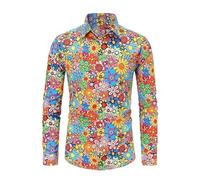 RUMAOZIA Camicia da uomo a maniche lunghe, stile hippy anni '70, stile arcobaleno, retrò, fiori hawaiani, camicia per il tempo libero funky hawaiano, camicia da festa, camicia da strada, giallo, XXL