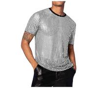 RUMAOZIA Camicia da uomo con paillettes lucide, top muscoloso, magliette a maniche corte, camicia casual, maglietta a girocollo, top da notte, maglietta da discoteca, discoteca da ballo, discoteca