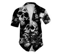 RUMAOZIA Camicia da uomo con teschio, festa di Halloween, costume da uomo, per feste, Halloween, teschio, stampa a maniche corte, casual, con bottoni, per feste, estive, abbigliamento hawaiano, O