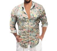 RUMAOZIA Camicia hawaiana da uomo con fiori, a maniche lunghe, estiva, per il tempo libero, con motivo hawaiano, a maniche lunghe, con colletto cubano, cachi, M