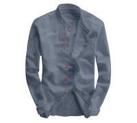 RUMAOZIA Camicia in lino, a maniche lunghe, Katana, da uomo, stile giapponese, con colletto alto, slim fit, in lino, in cotone, per il tempo libero, da uomo, casual, traspirante, classica, grigio., L