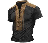 RUMAOZIA Camicia in lino da uomo con scollo a V, medievale, in cotone, stile retrò, a maniche corte, per il rinascimento, pirata, vichingo, estate, vintage, da uomo, elegante, con lacci, Z01 Nero, XL