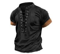 RUMAOZIA Camicia in lino da uomo con scollo a V, medievale, in cotone, stile retrò, a maniche corte, per il rinascimento, pirata, vichingo, estate, vintage, da uomo, elegante, con lacci, O nero., L