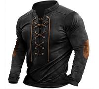 RUMAOZIA Camicia in lino da uomo con scollo a V, medievale, in cotone, stile retrò, a maniche corte, per il rinascimento, pirata, vichingo, estate, vintage, da uomo, elegante, con lacci, Z03 nero., XL
