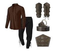 RUMAOZIA Costume vichingo da uomo, camicia da pirata, set di accessori da 4 pezzi, con cintura e protezioni per il polso, tessuto di lino, abbigliamento medievale, classica camicia da pirata