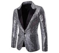 RUMAOZIA Giacca da smoking da uomo con paillettes glitter giacca oro blazer Classic Slim Fit lucido con scollo a V Elegante blazer per feste con 1 abbottonatura, O argento, L