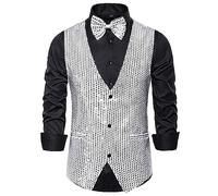 RUMAOZIA Giubbotti da uomo con paillettes luccicanti vestito gilet con scollo a V tinta unita glitter gilet con papillon per feste club glitter gilet uomo discoteca carnevale e feste a tema, argento,