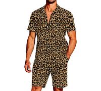RUMAOZIA Leopard Print Set traspirante Quick Dry Tuta da jogging da uomo e da spiaggia, slim fit, camicia hawaiana da uomo, a maniche corte, pantaloni corti con coulisse