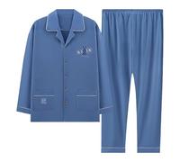 RUMAOZIA Pigiama da uomo lungo con abbottonatura - Pigiama da uomo con bottoni, leggero, per tutti i giorni, alla moda, comodo, pigiama, pantaloni da notte, in cotone, set da due pezzi, Blu, L