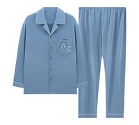 RUMAOZIA Pigiama da uomo lungo con bottoni, leggero, per tutti i giorni, alla moda, comodo, a maniche lunghe, per il tempo libero, in cotone, set da due pezzi, Celeste., XXL