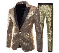 RUMAOZIA Set completo da uomo con paillette | Smoking con pantaloni e giacca a un bottone | Elegante abito da matrimonio, da ballo e per le feste estive | Abito da sposa slim fit (vestibilità per