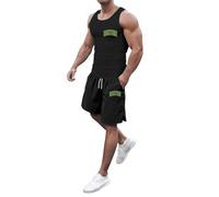 RUMAOZIA Set da 2 pezzi di tuta estiva da uomo, canotta senza maniche, maglietta e pantaloncini, tuta da jogging, a maniche corte, casual, casual, per il tempo libero, tuta sportiva, Nero , S