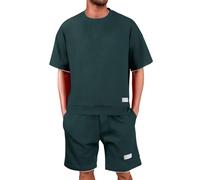 RUMAOZIA Tuta estiva da uomo, a nido d'ape, set da 2 pezzi, per il tempo libero, a maniche corte, per tutti i giorni, vacanze, estate, tuta con maglietta e pantaloncini, set da 2 pezzi, O verde scuro