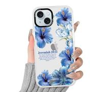 RUMDEY Carino Blu Estate Ibisco Fiore Bibbia Versi Trasparente Cassa Del Telefono per iPhone 15 6.1 pollici, Estetica Alla Moda Floreale Giglio Modello Ragazze Donne Copertura Antiurto Morbido Sottile