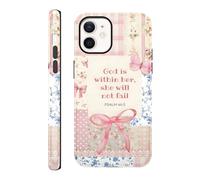 RUMDEY Custodia per iPhone 12 da 6,1'', con fiocco cristiano e versi della Bibbia, grazioso design collage di fiori di Gesù, protettiva, antiurto, in silicone, ibrida, a 2 strati, per donne, ragazze